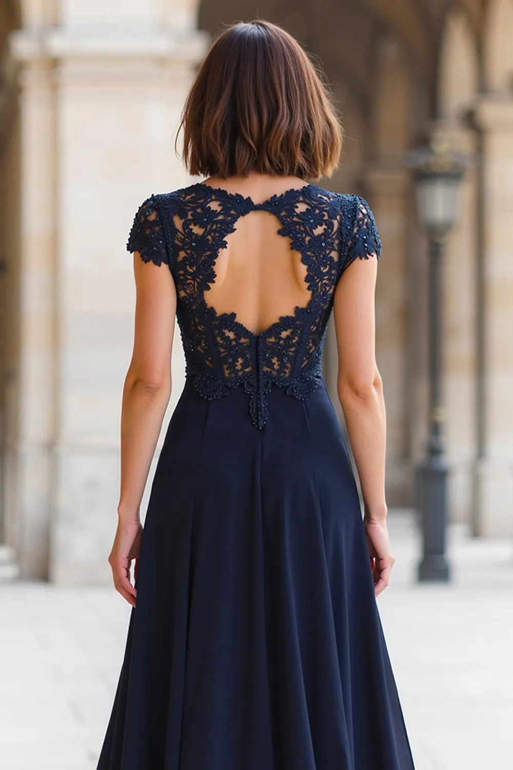 Navy Chiffon Round Neck A-Line Long Mother of the Bride Dress with Lace sold by Zapaka product image thumbnail 4