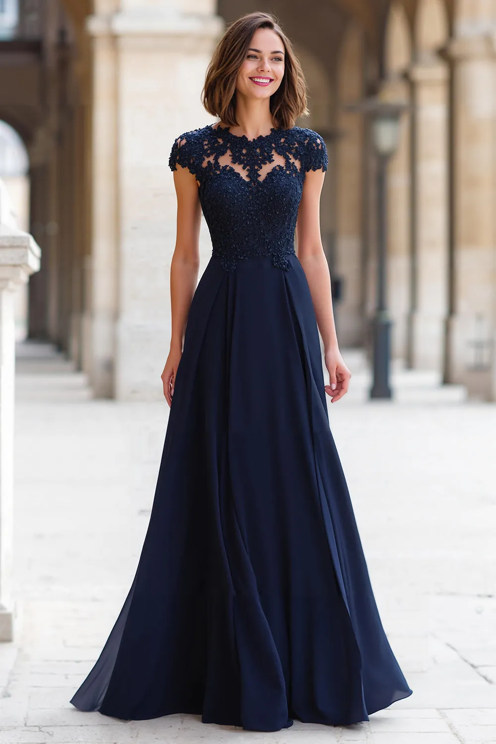 Navy Chiffon Round Neck A-Line Long Mother of the Bride Dress with Lace sold by Zapaka