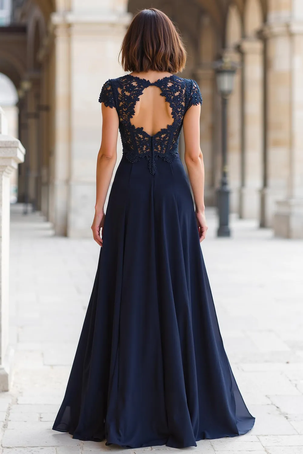 Navy Chiffon Round Neck A-Line Long Mother of the Bride Dress with Lace sold by Zapaka product image thumbnail 2