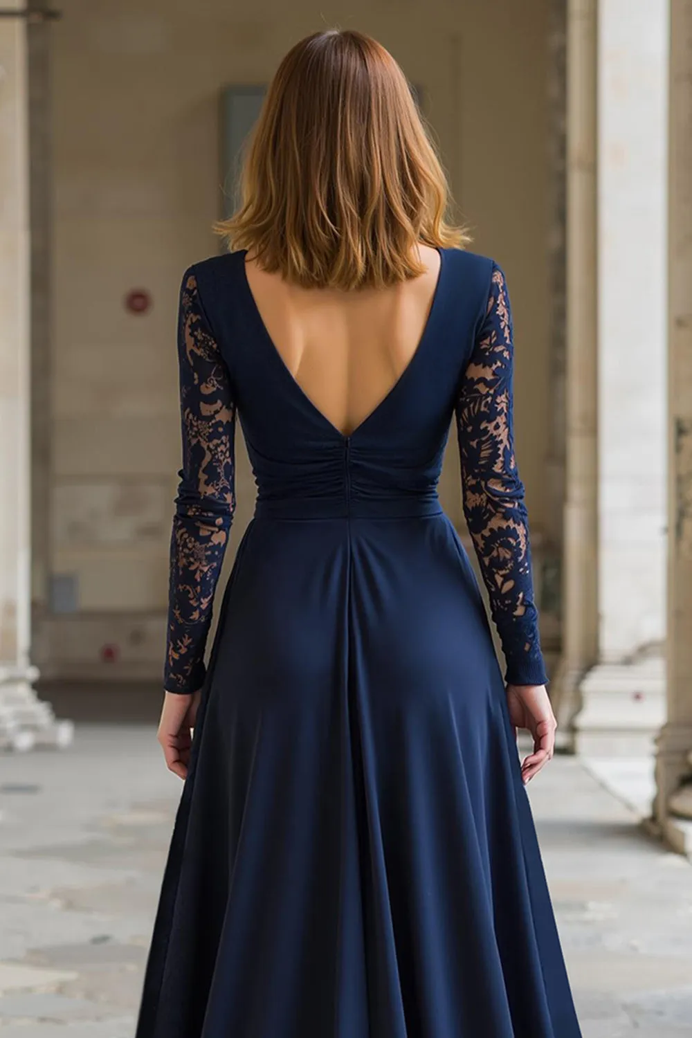 Navy V-Neck Chiffon A-Line Long Mother of the Bride Dress with Lace sold by Zapaka product image thumbnail 4