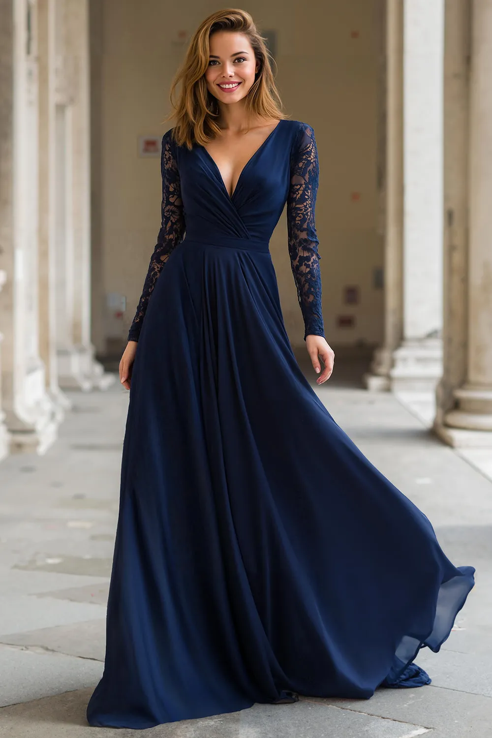 Navy V-Neck Chiffon A-Line Long Mother of the Bride Dress with Lace sold by Zapaka