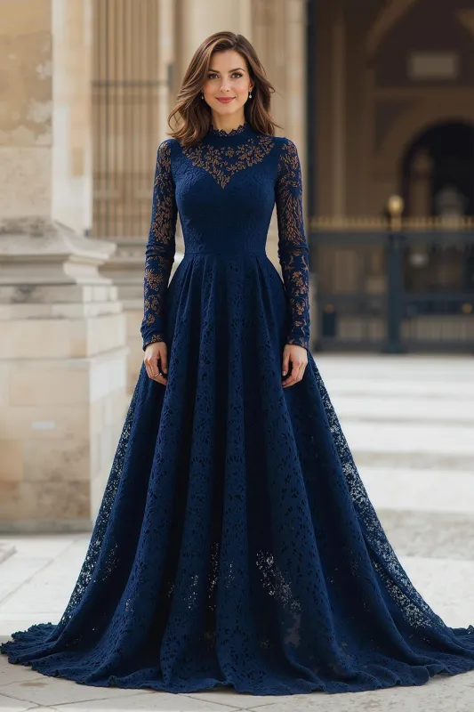 Navy High Neck Lace A-Line Long Mother of the Bride Dress with Sleeves sold by Zapaka