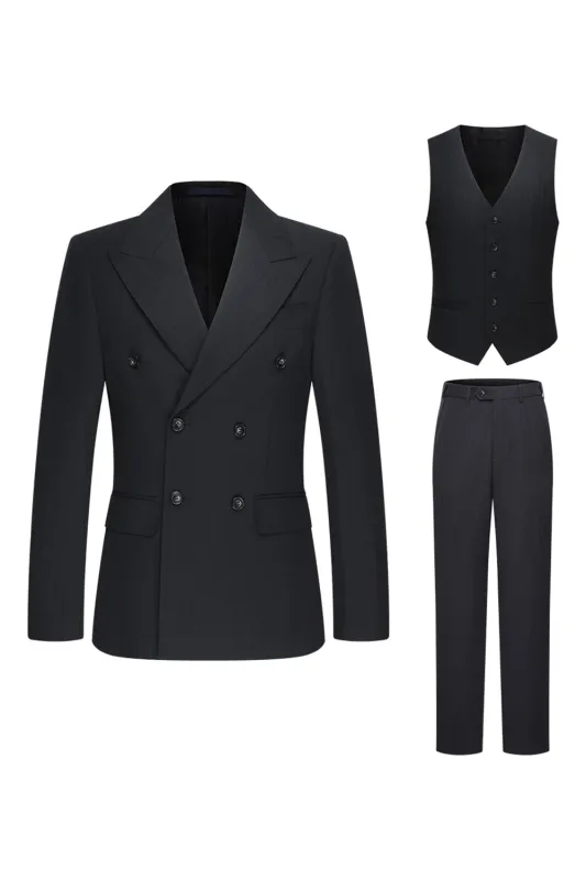 Black 3 Piece Peak Lapel Double Breasted Men's Business Suits sold by Zapaka