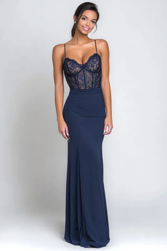 Navy Sheath Corset Spaghetti Straps Long Formal Dress with Lace sold by Zapaka