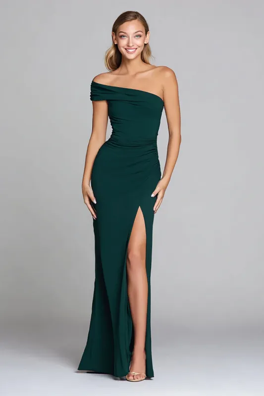 Dark Green Sheath One Shoulder Long Formal Dress with Slit sold by Zapaka