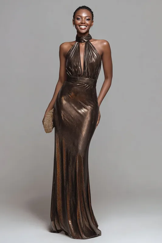 Sparkly Brown Metallic Sheath Long Formal Dress sold by Zapaka
