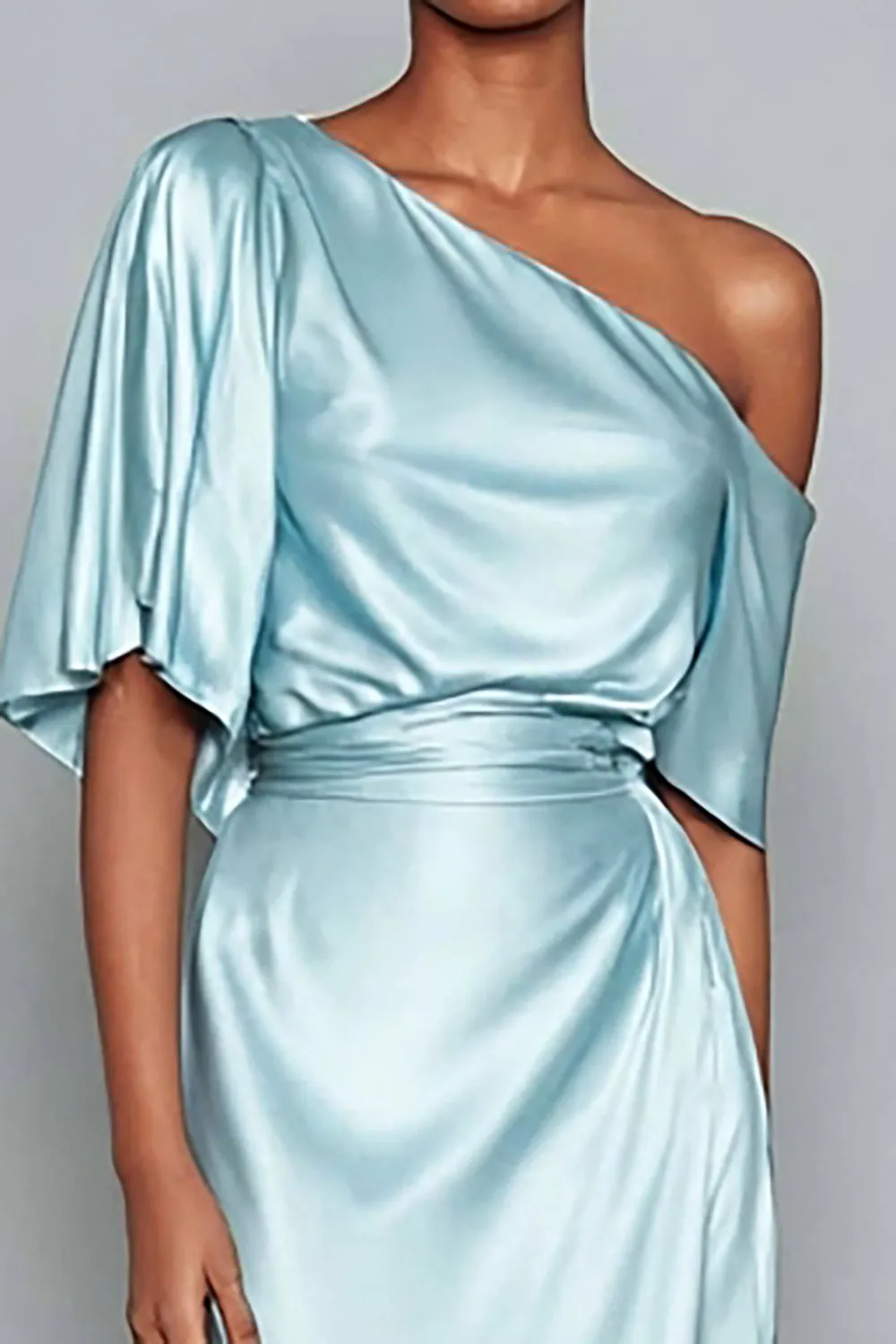 Light Blue Satin One Shoulder Sheath Long Formal Dress with Sleeves sold by Zapaka product image thumbnail 2