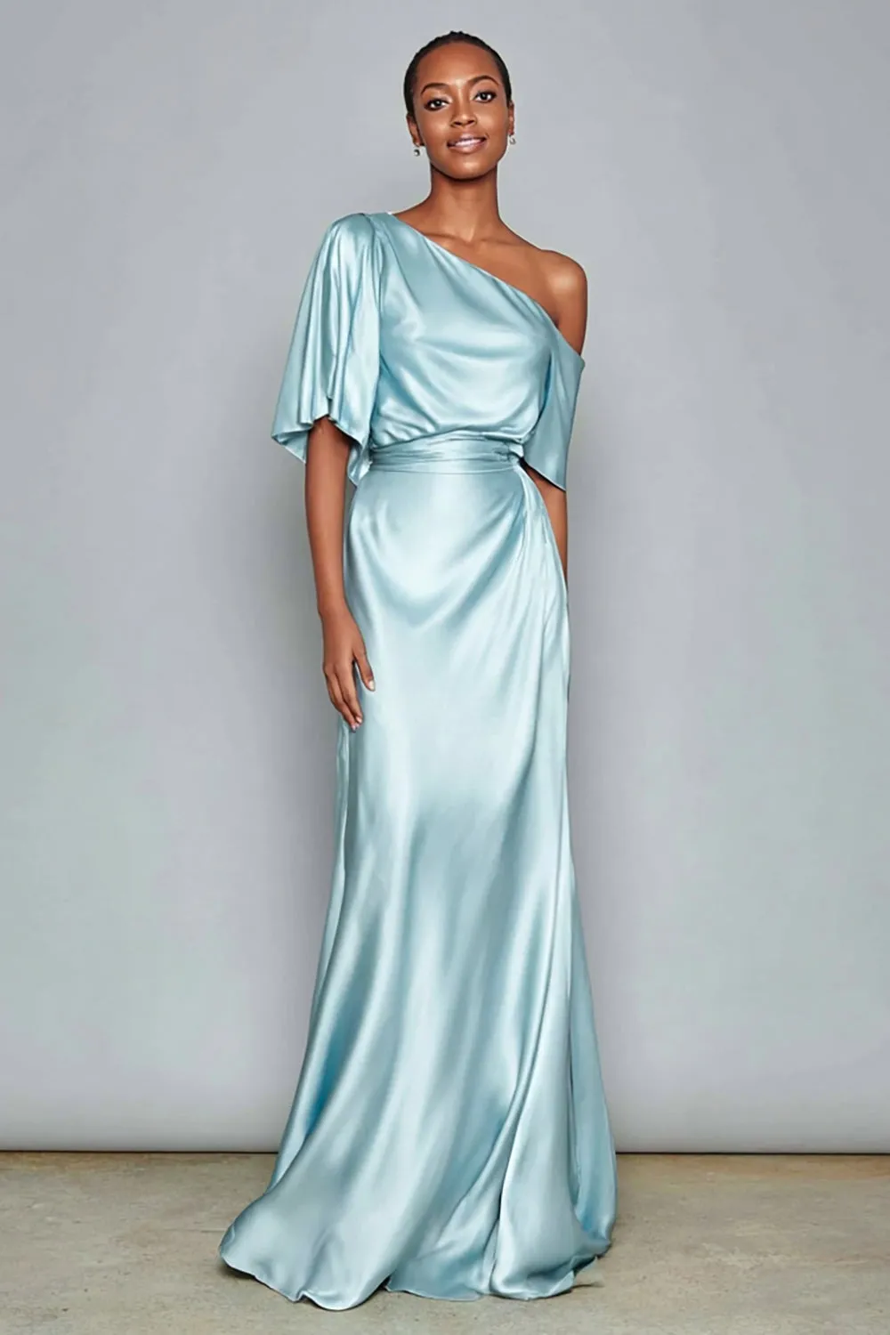 Light Blue Satin One Shoulder Sheath Long Formal Dress with Sleeves sold by Zapaka