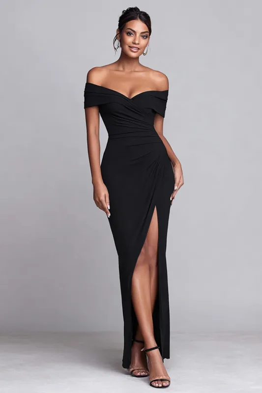 Black Mermaid Off the Shoulder Long Formal Dress with Slit sold by Zapaka