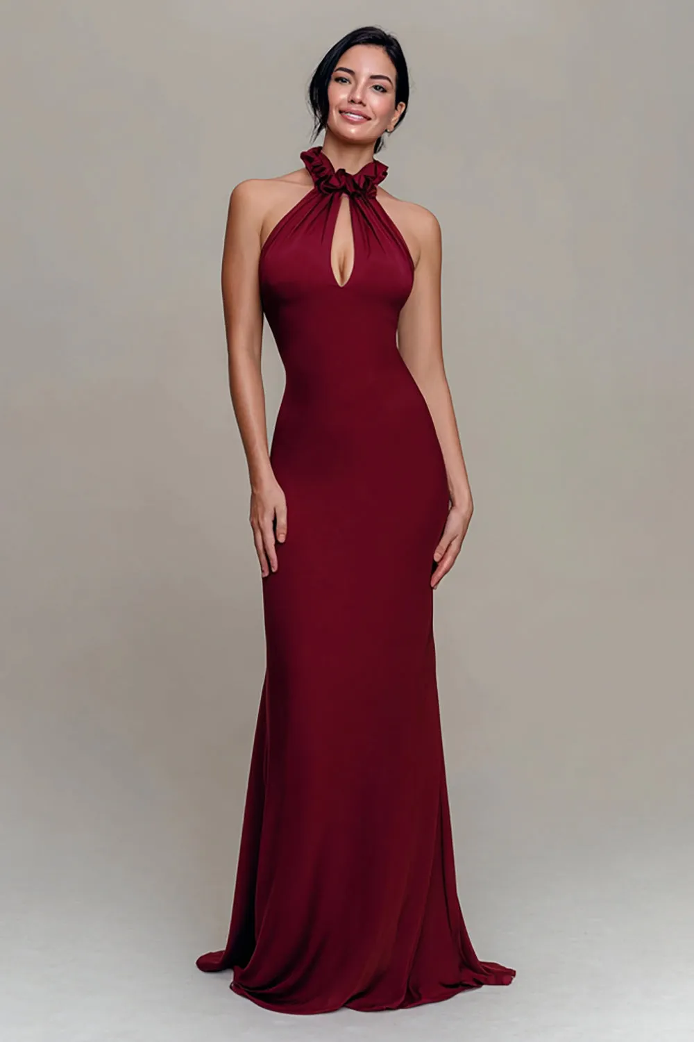 Burgundy Halter Mermaid Keyhole Long Formal Dress sold by Zapaka