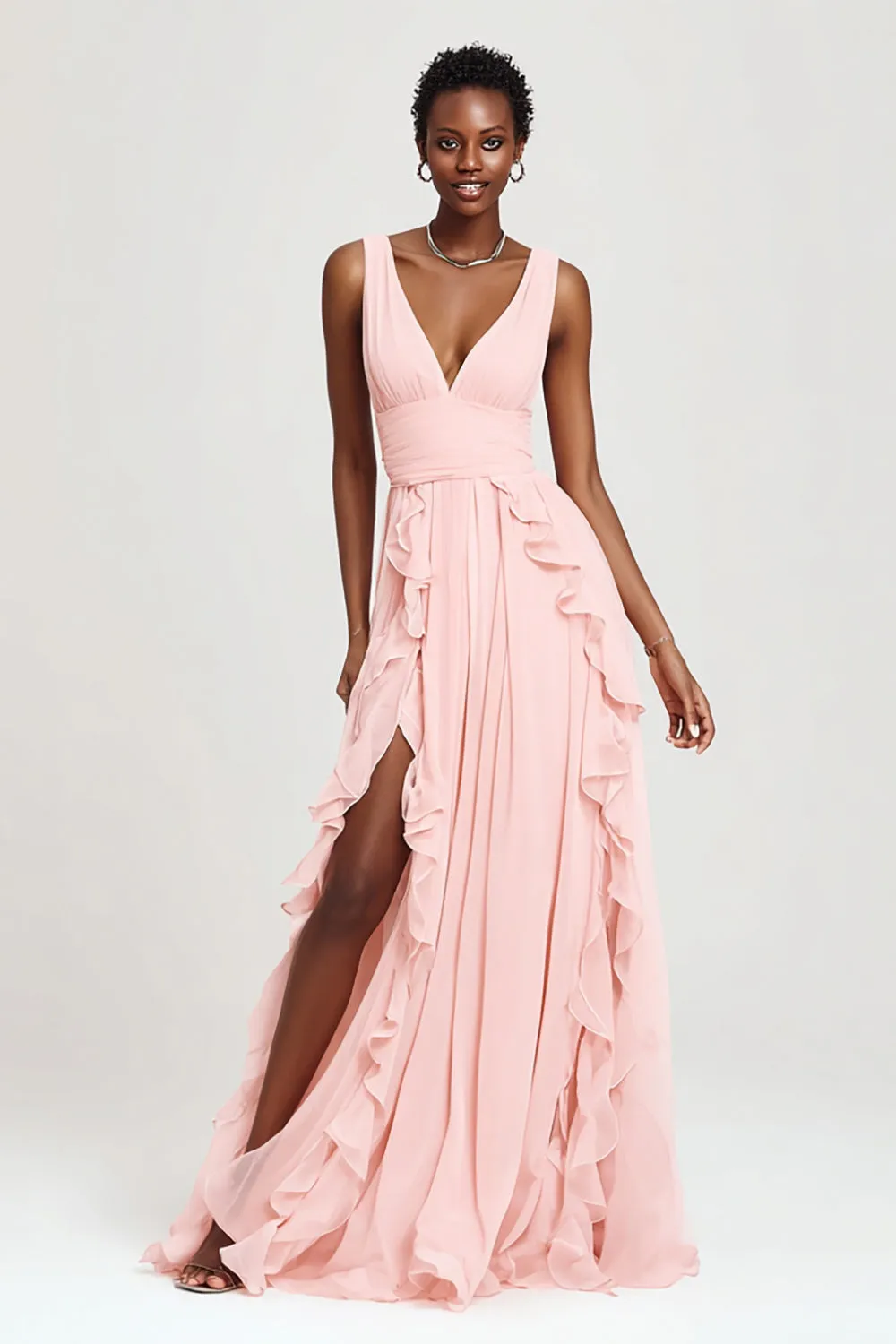 Pink A Line Ruffled Chiffon Long Formal Dress with Slit sold by Zapaka