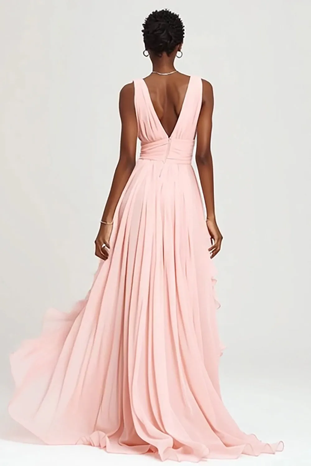 Pink A Line Ruffled Chiffon Long Formal Dress with Slit sold by Zapaka product image thumbnail 2
