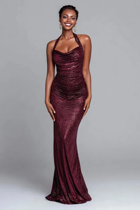 Sparkly Burgundy Halter Ruched Mermaid Long Formal Dress sold by Zapaka
