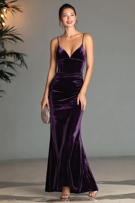 Purple Velvet Sheath Spaghetti Straps Long Formal Dress sold by Zapaka