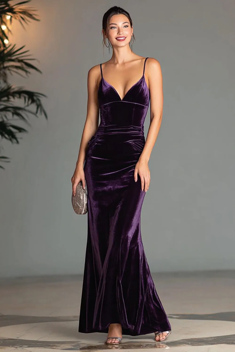 Purple Velvet Sheath Spaghetti Straps Long Formal Dress sold by Zapaka