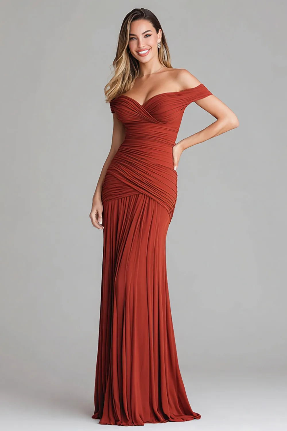 Off the Shoulder Terracotta Sheath Ruched Long Formal Dress sold by Zapaka