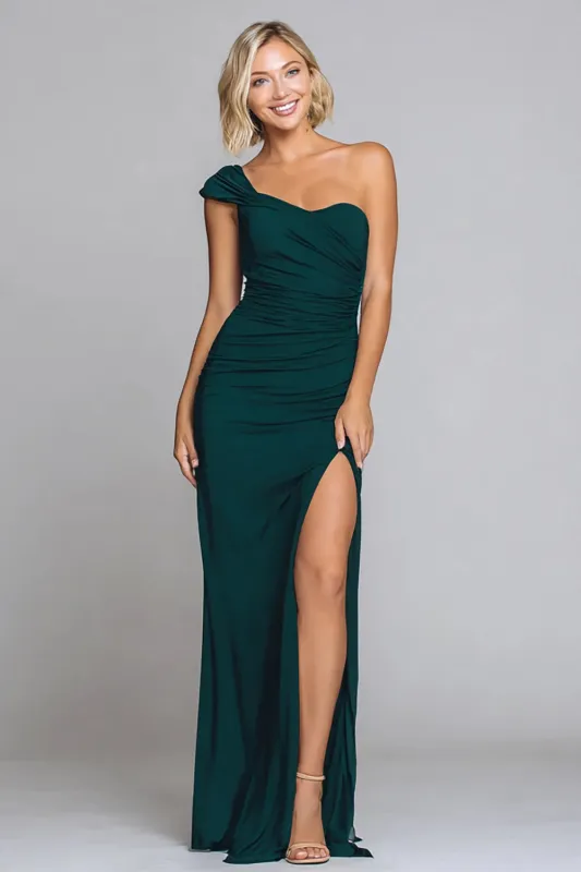 Dark Green One Shoulder Ruched Long Formal Dress with Slit sold by Zapaka