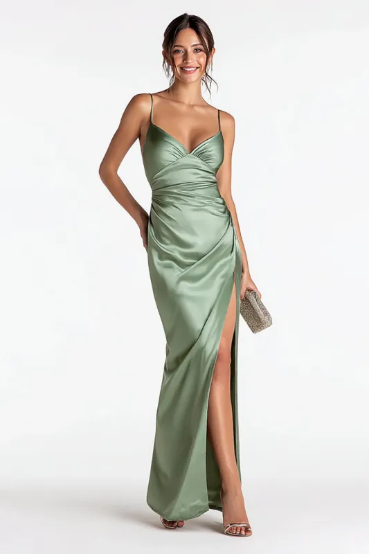 Sage Green Satin Sheath Spaghetti Straps Long Formal Dress with Slit sold by Zapaka