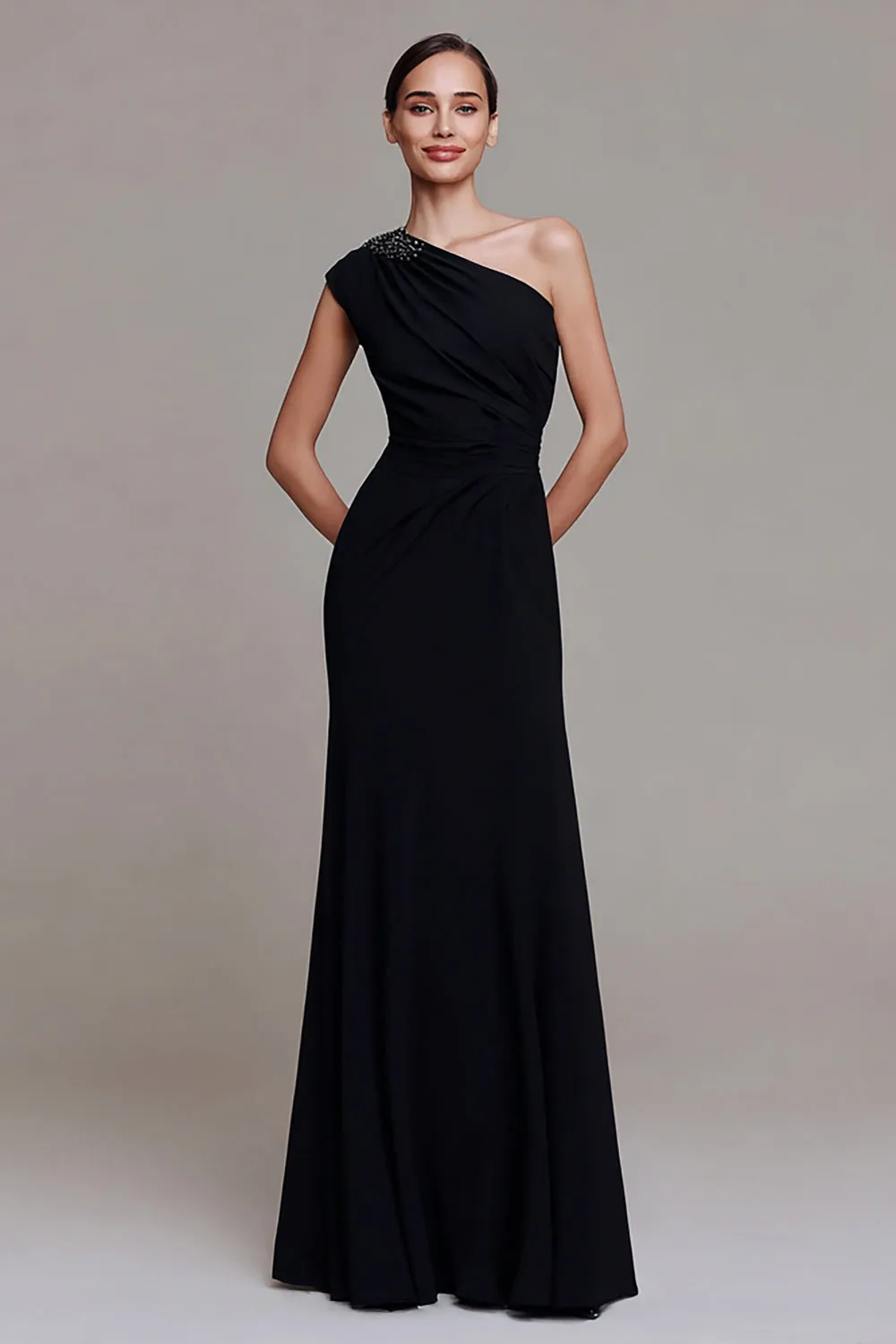 One Shoulder Black Mermaid Long Formal Dress with Beading sold by Zapaka