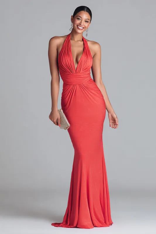 Watermelon Halter Mermaid Ruched Long Formal Dress sold by Zapaka