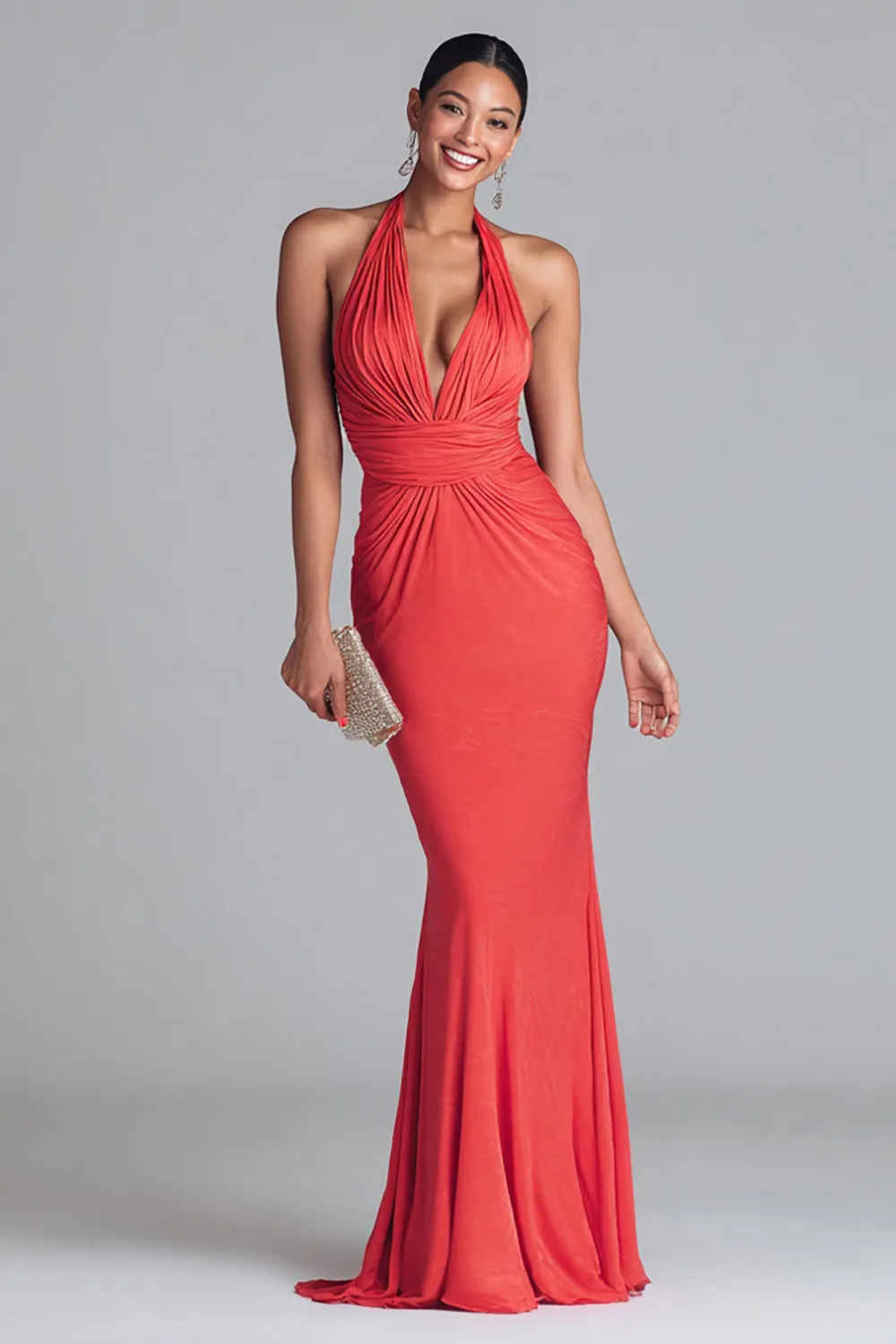 Watermelon Halter Mermaid Ruched Long Formal Dress sold by Zapaka