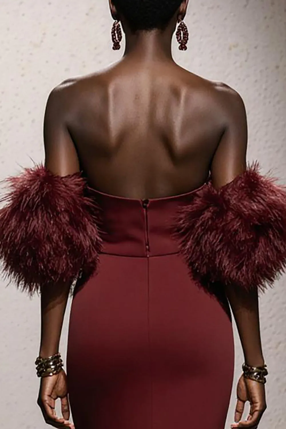 Burgundy Sweetheart Satin Mermaid Long Pageant Dress with Feathers sold by Zapaka product image thumbnail 4