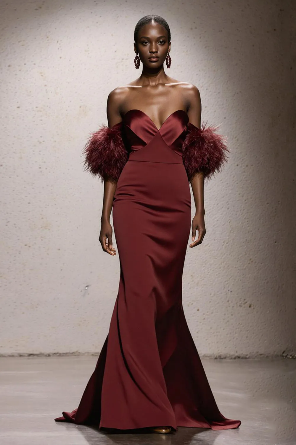 Burgundy Sweetheart Satin Mermaid Long Pageant Dress with Feathers sold by Zapaka