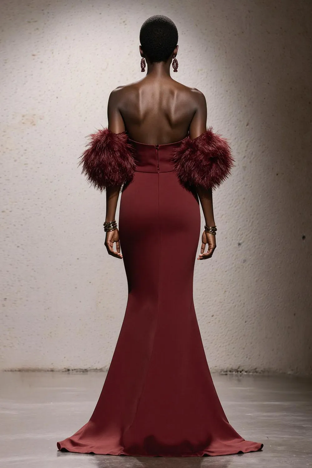 Burgundy Sweetheart Satin Mermaid Long Pageant Dress with Feathers sold by Zapaka product image thumbnail 2