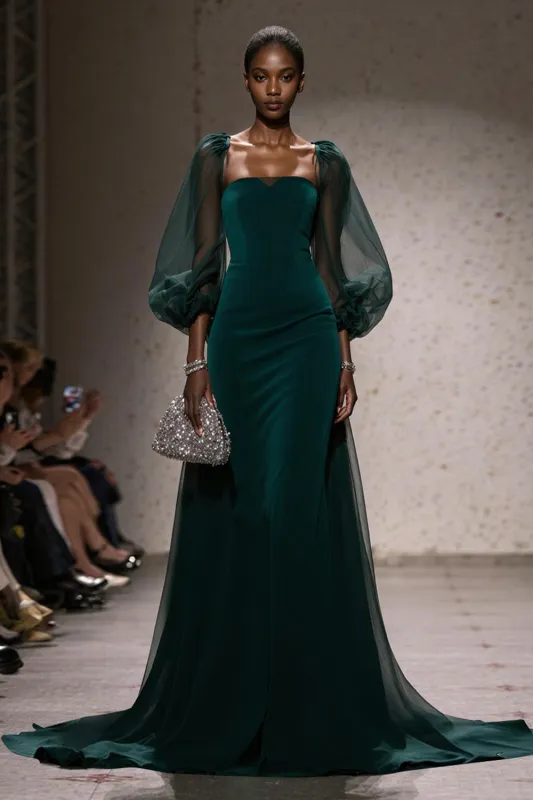 Dark Green Square Neck Mermaid Long Pageant Dress with Sleeves sold by Zapaka