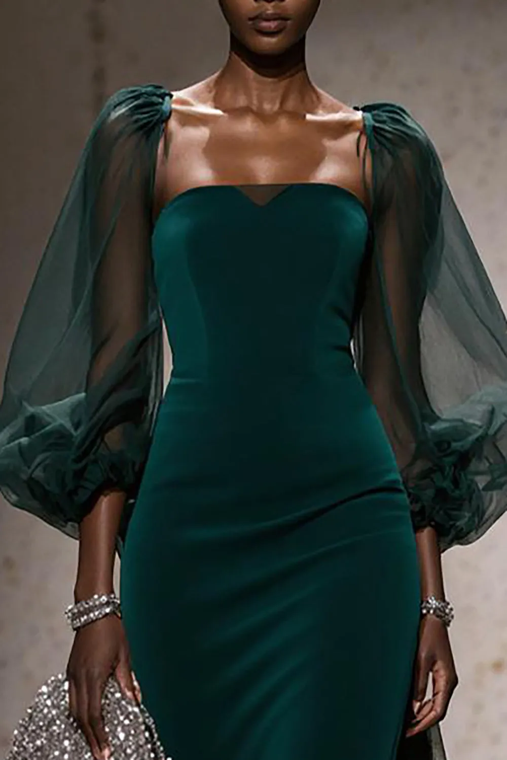 Dark Green Square Neck Mermaid Long Pageant Dress with Sleeves sold by Zapaka product image thumbnail 3