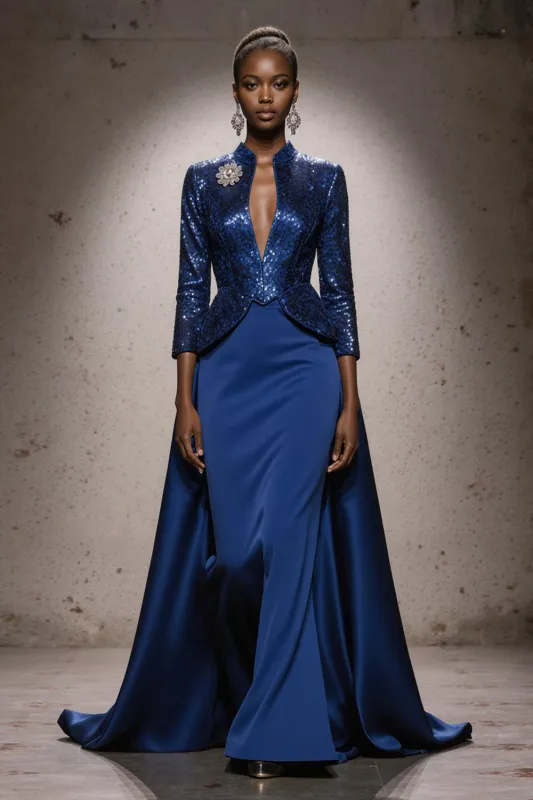 Sparkly Royal Blue High Neck Sequin Mermaid Long Pageant Dress with Cape sold by Zapaka