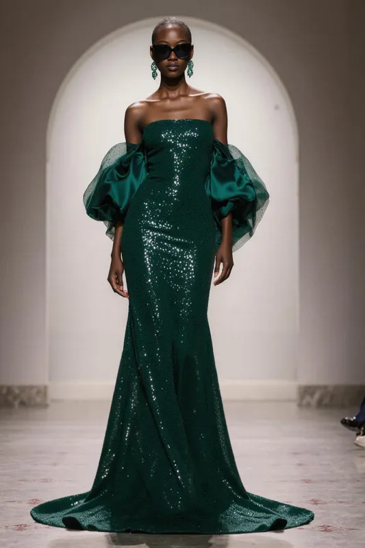 Sparkly Dark Green Strapless Sequin Mermaid Long Pageant Dress with Sleeves sold by Zapaka