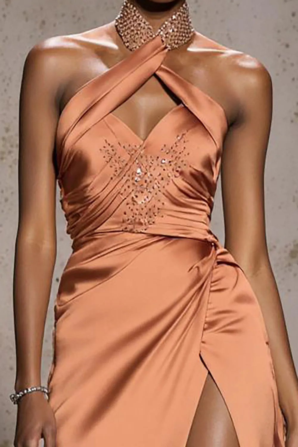 Sparkly Orange Halter Satin Mermaid Long Pageant Dress with Beading sold by Zapaka product image thumbnail 3