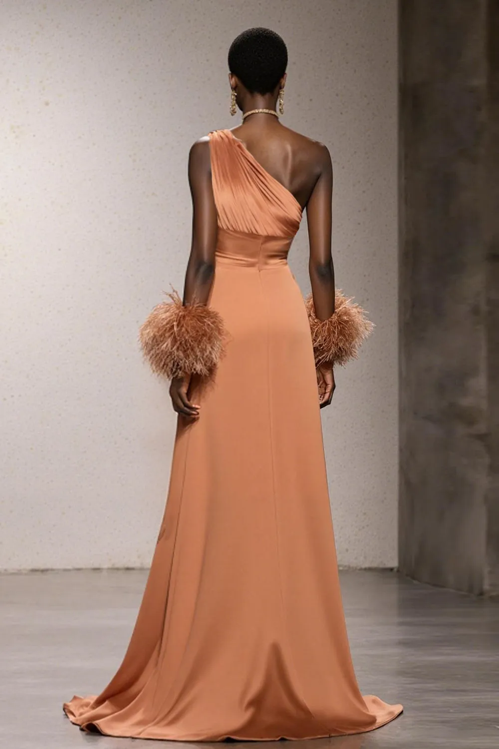 Orange One Shoulder Satin Mermaid Long Pageant Dress with Feathers sold by Zapaka product image thumbnail 2
