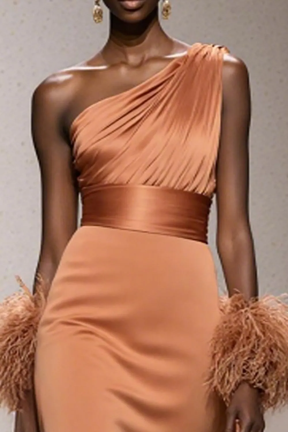 Orange One Shoulder Satin Mermaid Long Pageant Dress with Feathers sold by Zapaka product image thumbnail 3