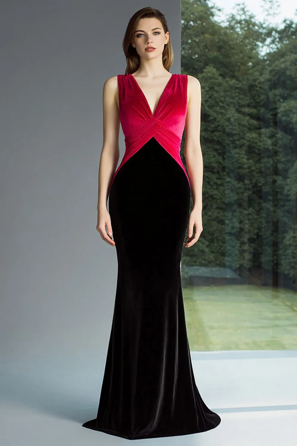 Black and Fuchsia Mermaid Velvet V-Neck Long Formal Dress sold by Zapaka