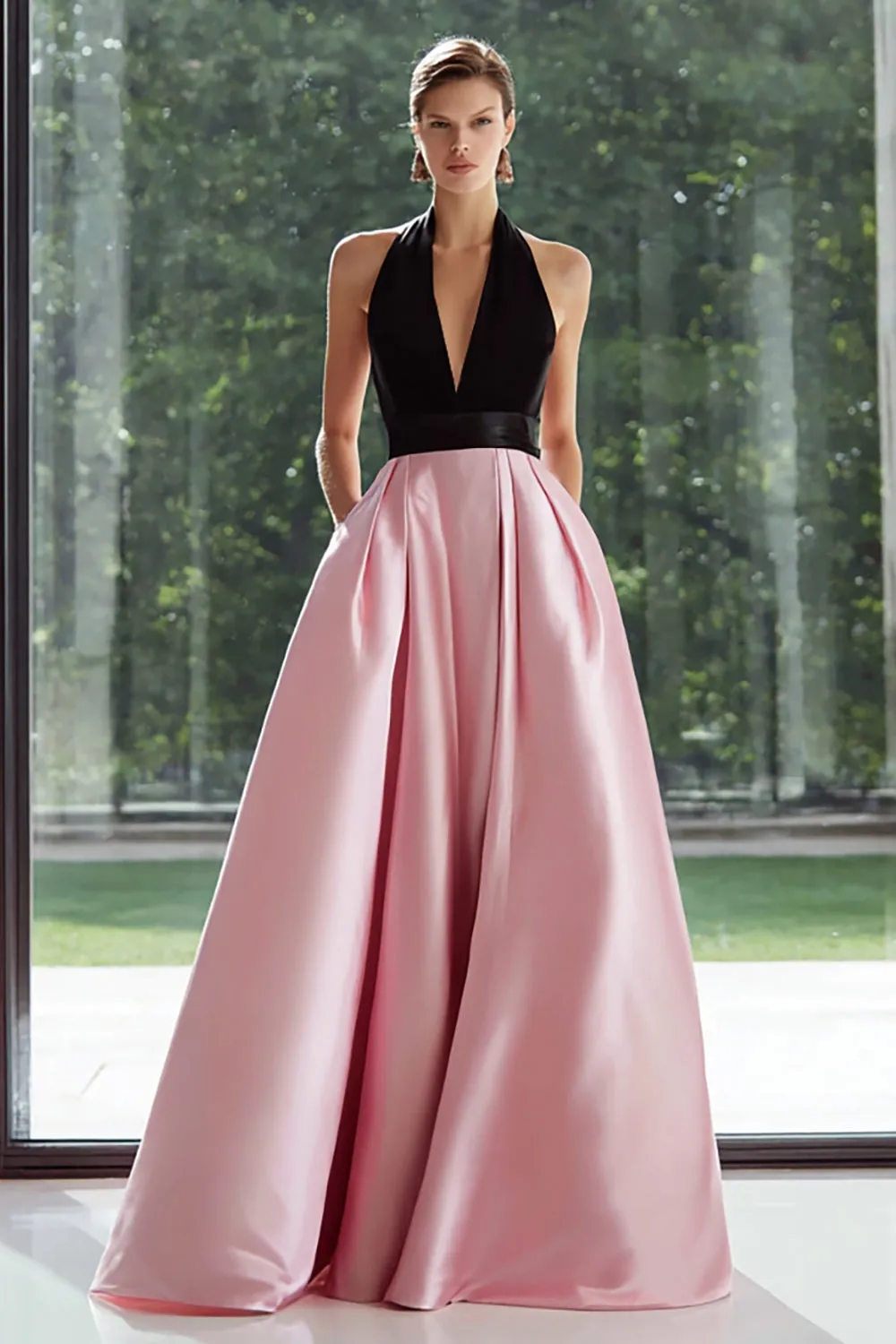 Black and Pink Satin Halter A Line Long Formal Dress with Pockets sold by Zapaka