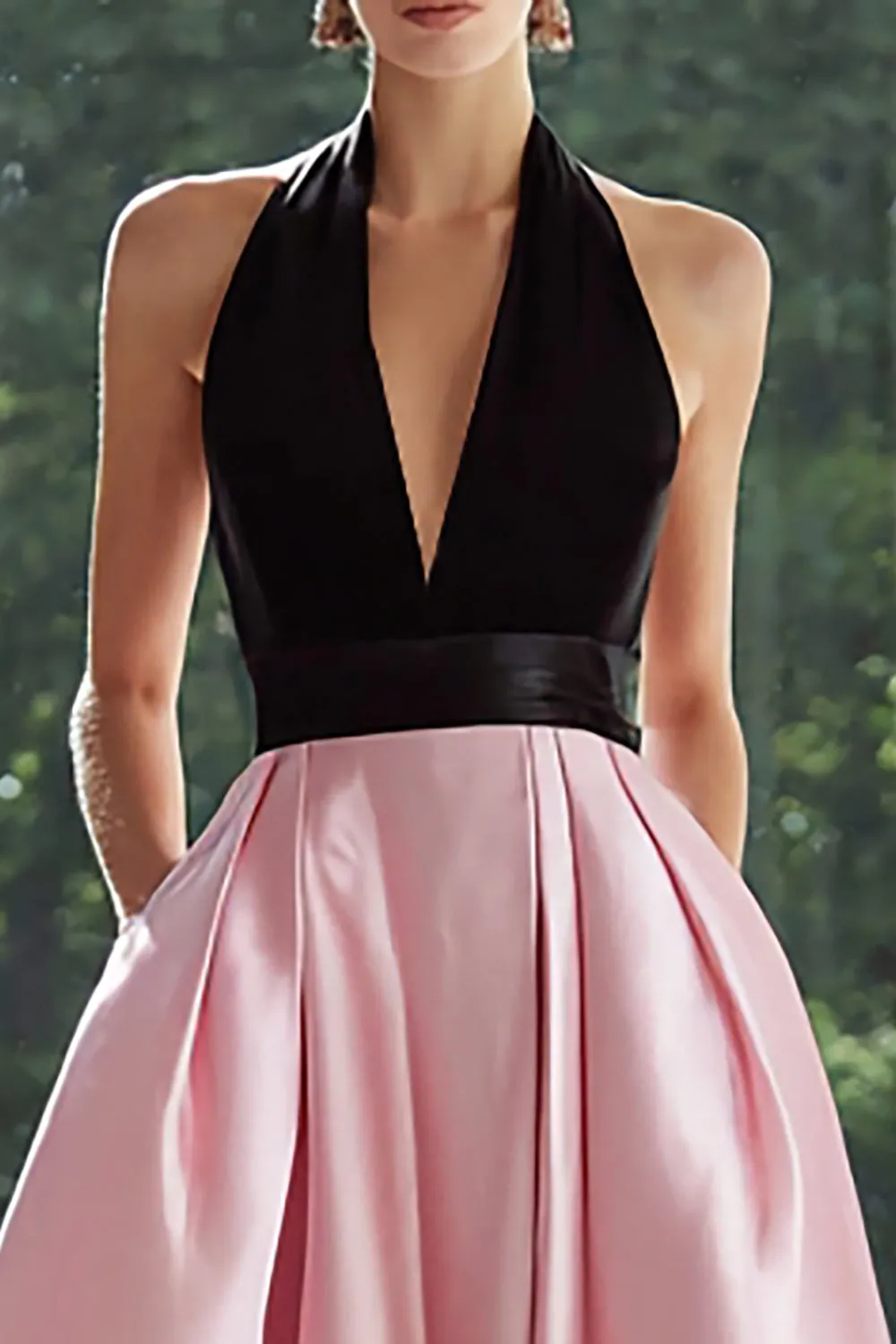 Black and Pink Satin Halter A Line Long Formal Dress with Pockets sold by Zapaka product image thumbnail 2