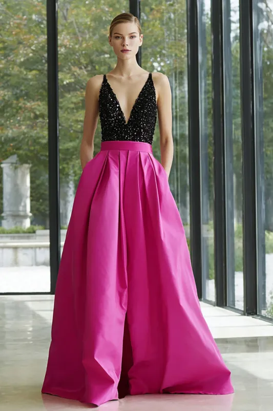 Sparkly Black and Fuchsia Satin Deep V-Neck A-Line Long Formal Dress with Pockets sold by Zapaka