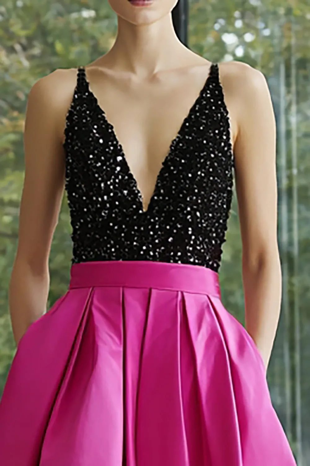 Sparkly Black and Fuchsia Satin Deep V-Neck A-Line Long Formal Dress with Pockets sold by Zapaka product image thumbnail 2