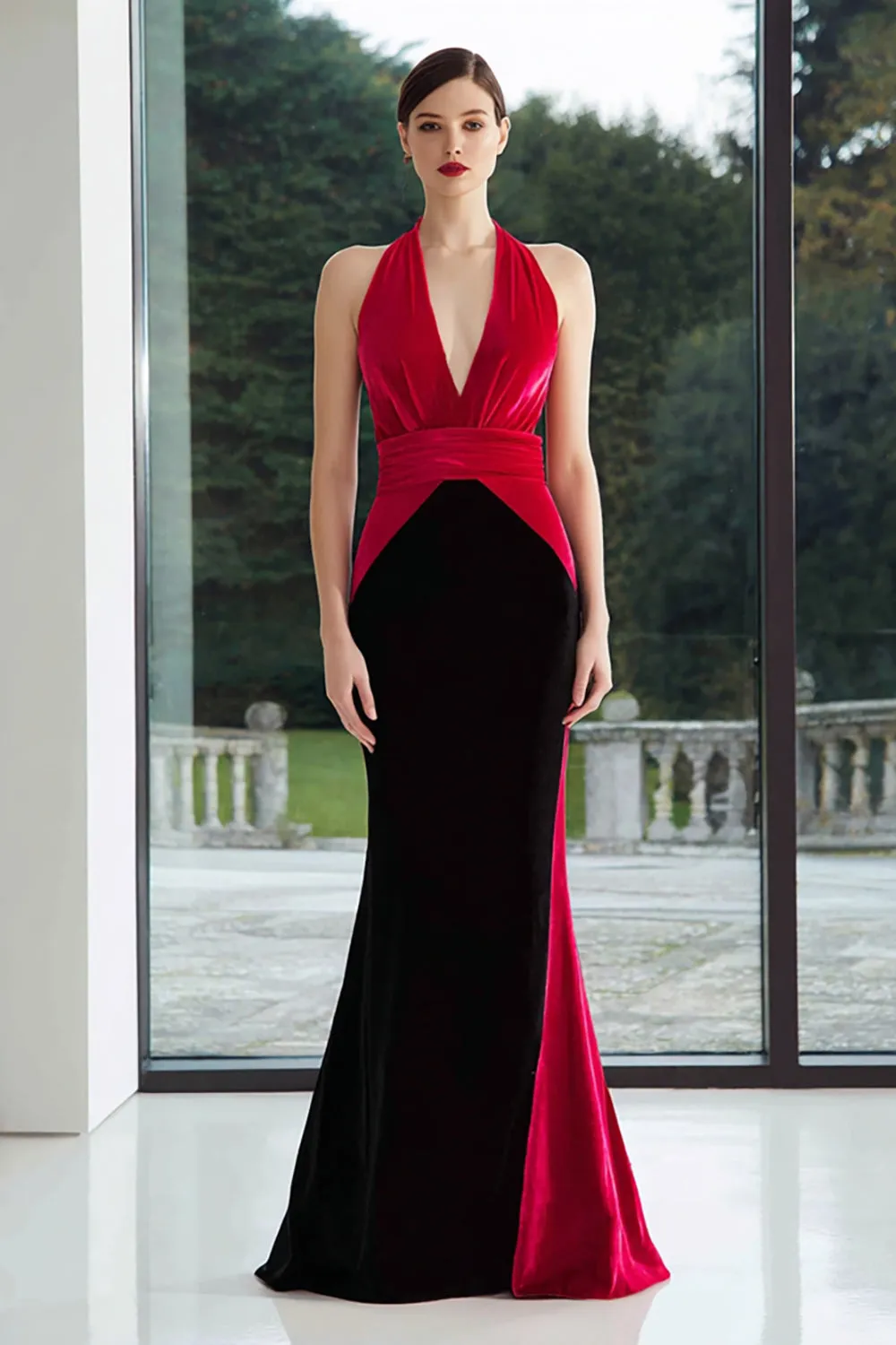 Black and Fuchsia Velvet Mermaid Patchwork Long Formal Dress sold by Zapaka