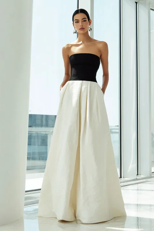 Simple Black and White A Line Strapless Long Formal Dress with Pockets sold by Zapaka