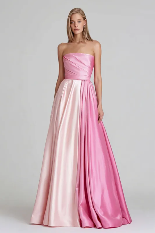 Pink A Line Satin Strapless Patchwork Long Formal Dress sold by Zapaka