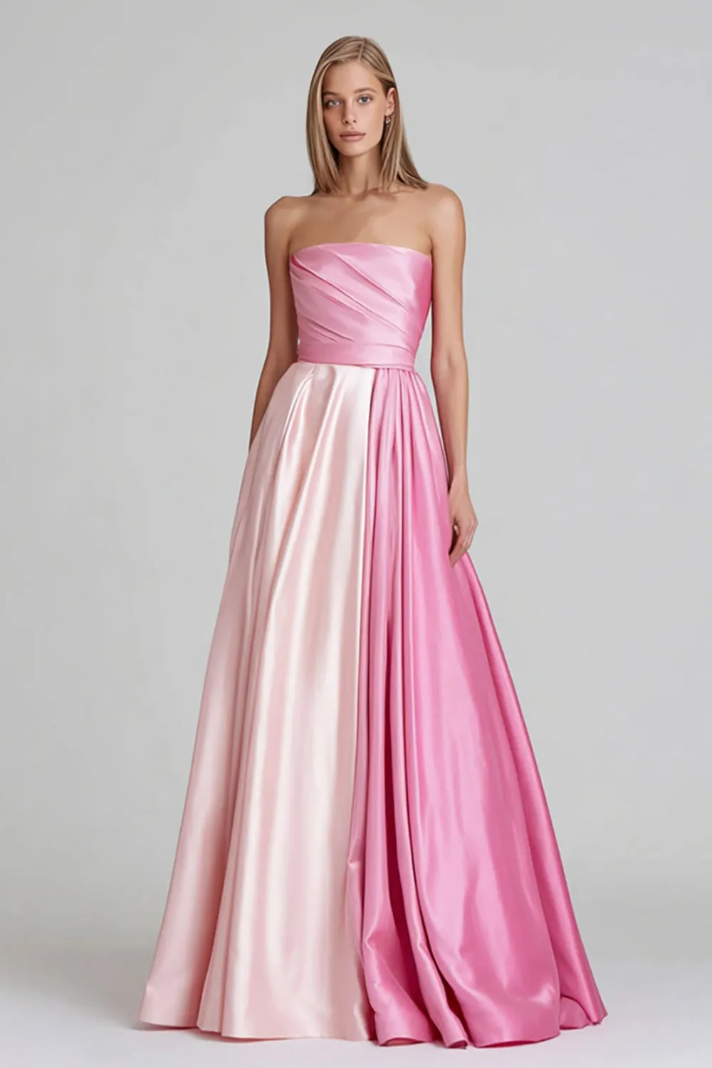 Pink A Line Satin Strapless Patchwork Long Formal Dress sold by Zapaka