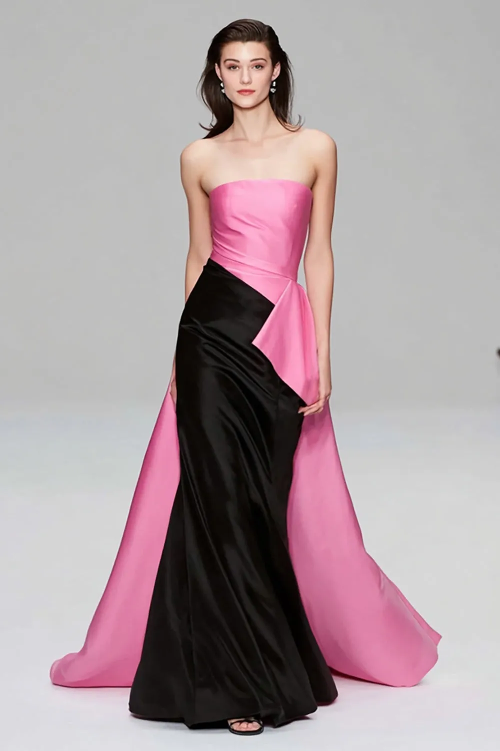 Black and Pink Mermaid Satin Strapless Long Formal Dress with Ruffles sold by Zapaka