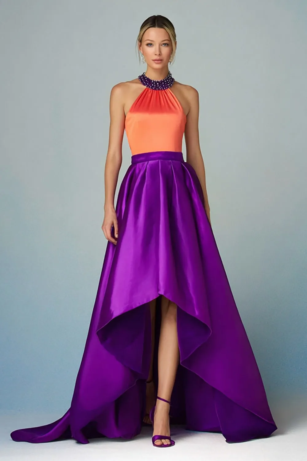 Sparkly Orange and Purple A Line Halter High Low Formal Dress with Beading sold by Zapaka
