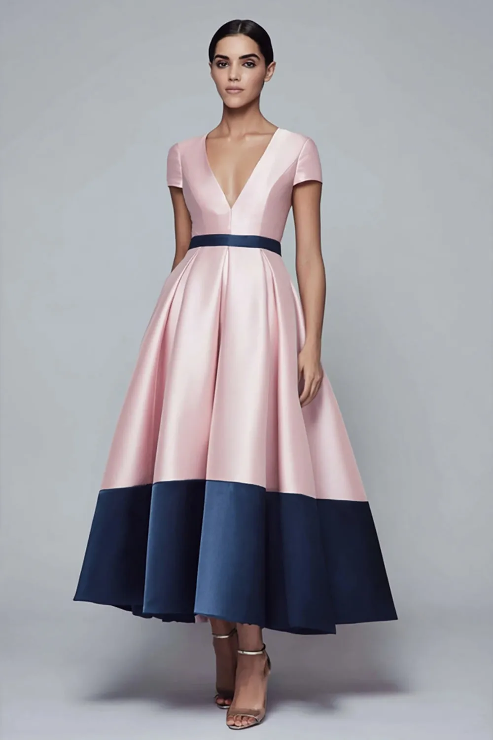 Pink and Navy Satin V-Neck A Line Long Formal Dress with Sleeves sold by Zapaka