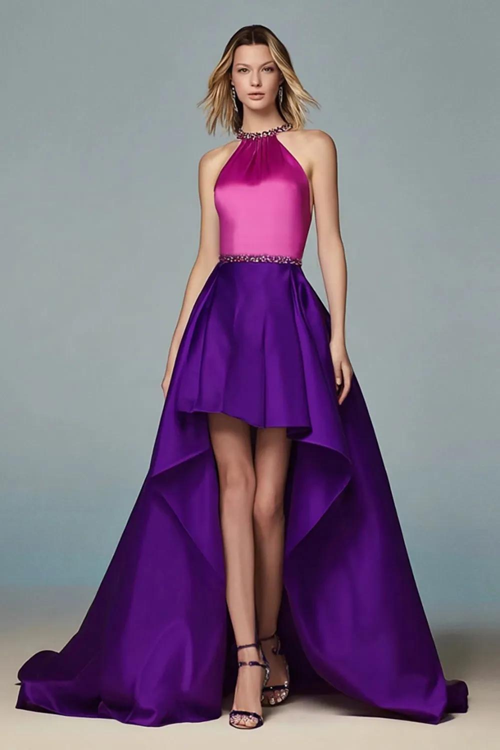 Sparkly Fuchsia and Purple High Low Halter Beaded Formal Dress sold by Zapaka