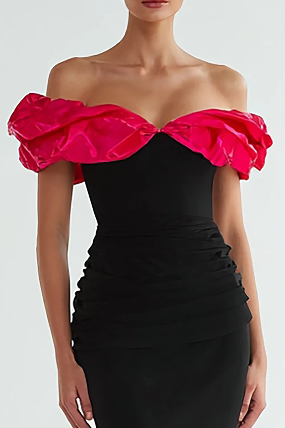 Black and Fuchsia Mermaid Ruffled Off the Shoulder Long Formal Dress sold by Zapaka product image thumbnail 2