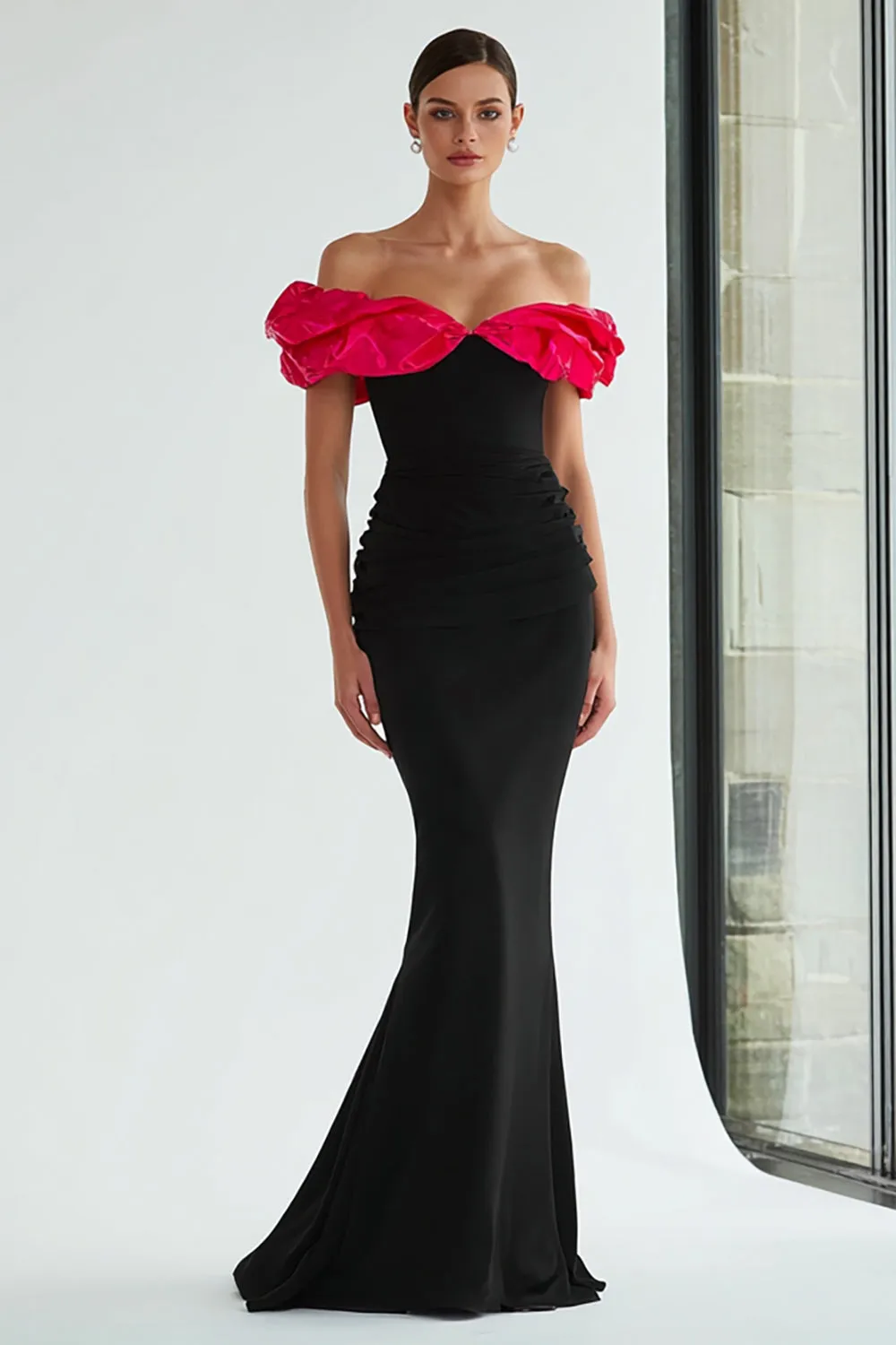 Black and Fuchsia Mermaid Ruffled Off the Shoulder Long Formal Dress sold by Zapaka